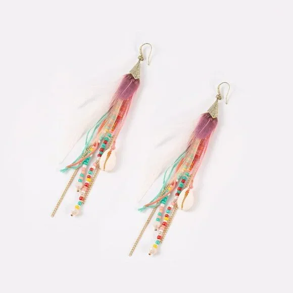 Bohemian Feather Dangle Earrings Shell Beads Long Tassel Women Jewelry - Picture 5 of 6